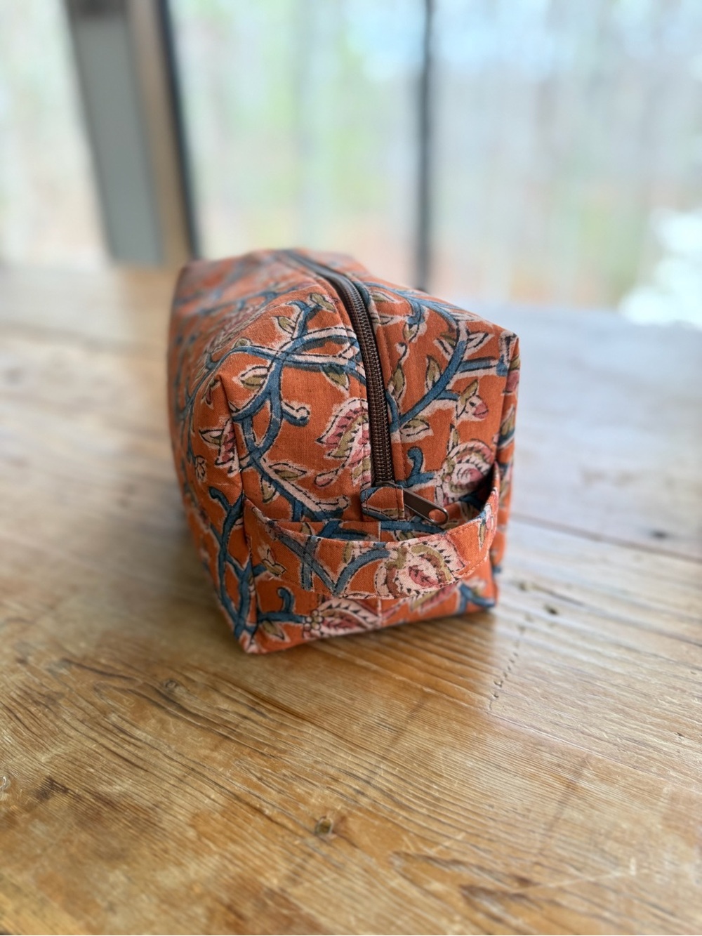 Handmade Printed Orange Floral Vintage Zipper Pouch - Picture 5 of 6
